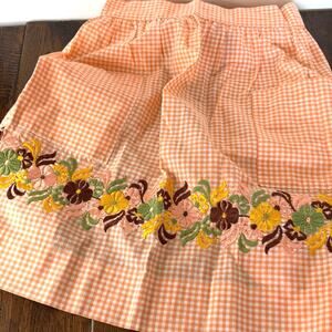Vintage Orange Gingham Apron – Floral Embroidery with 2 Pockets Cottage Kitchen